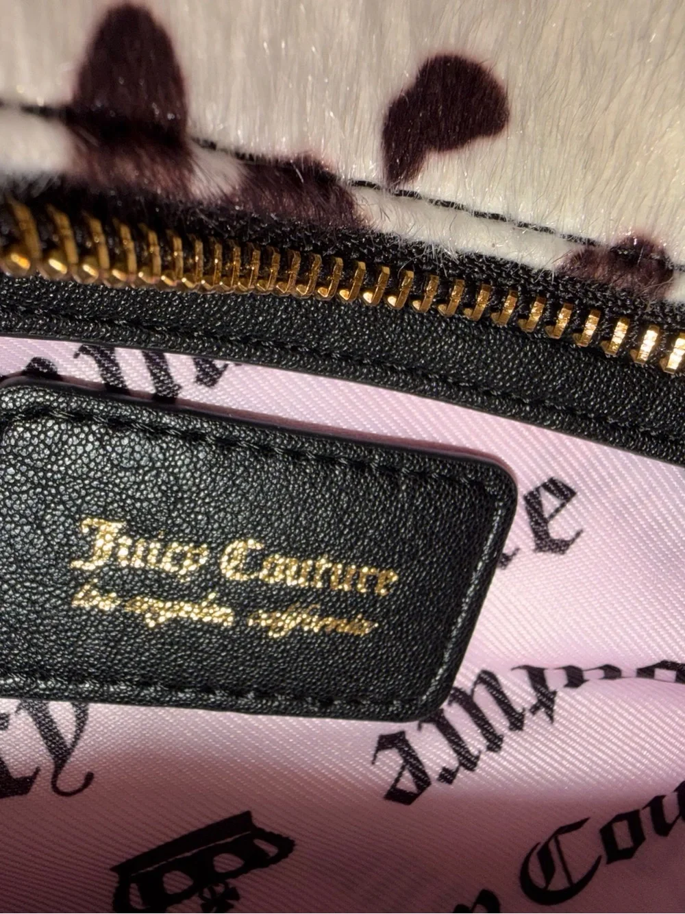 Juicy Couture Black & White Cow Print Satchel with Pink Bow Charm